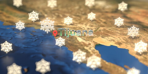 Tijuana city and snowy weather icon on the map, weather forecast related 3D rendering