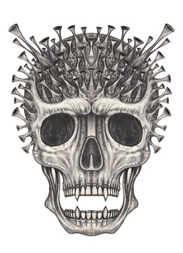 Coronavirus surreal skull tattoo.Hand drawing on paper.