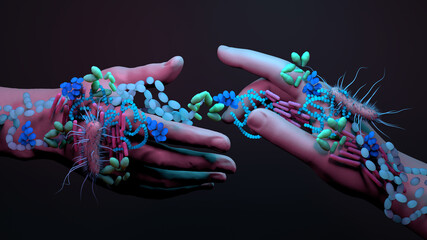 Bacteria on the hands, infections spread by hands, Washing your hands can prevent infections. - obrazy, fototapety, plakaty
