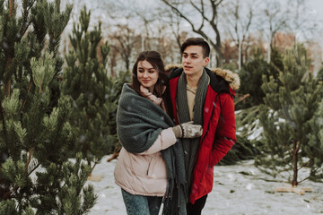 Fototapeta premium A young couple buys a Christmas tree at the market in their home. Concept - a symbol of the Christmas and New Year holidays