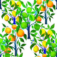 Watercolor seamless pattern with creative abstract citrus trees: orange, lime, lemon. Bright summer print with citrus fruits. 