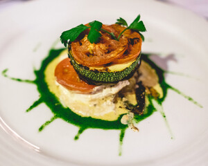Gourmet entree preparation of italian squash, tomato and vegan sauces 