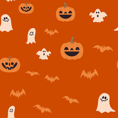 Halloween pumpkins, bats and ghosts seamless pattern. Cute illustrations background.