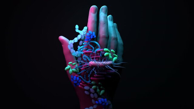 Bacteria on the hands,&nbsp;infections spread by&nbsp;hands, Washing your hands can prevent infections.