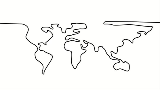 2d Animation motion graphics continuous line drawing of a flat world map showing the continents of America, Africa, Europe, Asia and Australia on white screen in HD high definition.