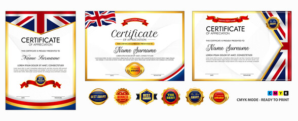 set of Diploma certificate template with luxury and glamour style, or certificate with gold badge, or Diploma certificate template with UK flag wave theme . eps vector cmyk mode, easy to modify - obrazy, fototapety, plakaty