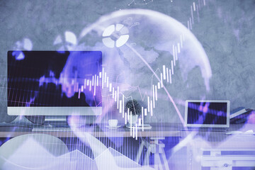 Multi exposure of financial graph drawing and office interior background. Concept of market analysis.