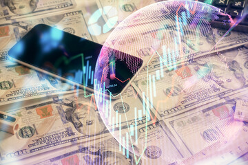 Double exposure of forex graph drawing over us dollars bill background. Concept of financial markets.