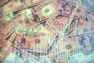 Multi exposure of forex chart drawing over us dollars bill background. Concept of financial success markets.