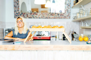 woman Beautiful Caucasian barista. Smiling