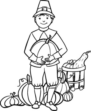 Thanksgiving Pilgrim Boy Holding Pumpkin
