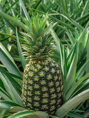 Closeup of a pineapple in a plantation