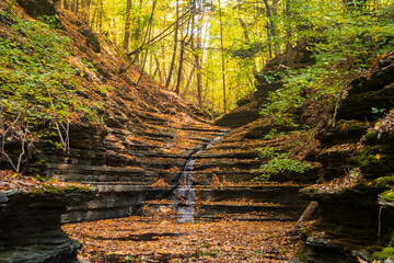 The waterfalls at Thayer Preserve Lick Brook flow at a trickle during an autumn afternoon. Fall foliage can be seen from within the gorge. 