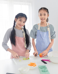 couple asian children group use knife slice tomato and cucumber, they prepare to cooking organic vegetables salad, they feeling happy and smile in kitchen room, children learning activity