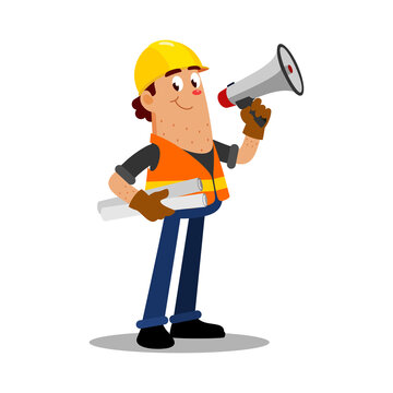 Construction Worker Holding Megaphone Cartoon - Vector Isolated Illustration