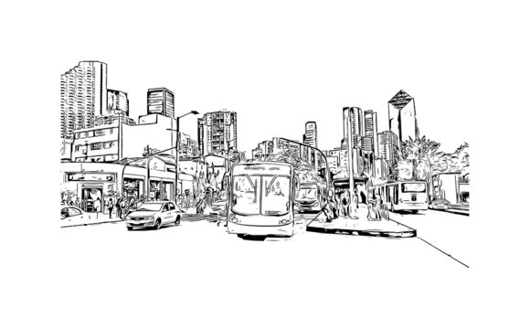 Building view with landmark of Bogota is Capital of Colombia. Hand drawn sketch illustration in vector.