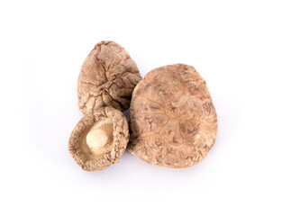 Three dried mushrooms on white background