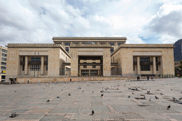BOGOTA, COLOMBIA -  Palace of justice building located at bolivar square in downtown city with blue...