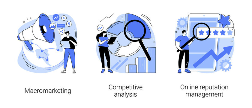 Global marketing strategy abstract concept vector illustration set. Macromarketing, competitive analysis, online reputation management, market analysis, digital image, social media abstract metaphor.