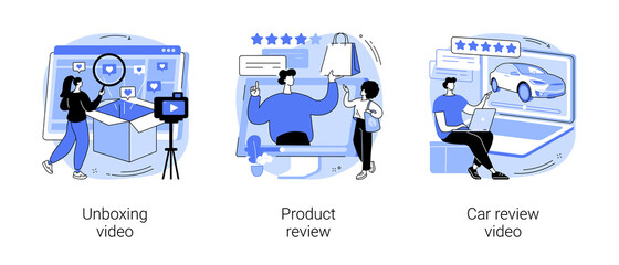 Video content abstract concept vector illustration set. Unboxing video, product and car review, blog monetization, online test-drive, features overview, rating service, advertising abstract metaphor.