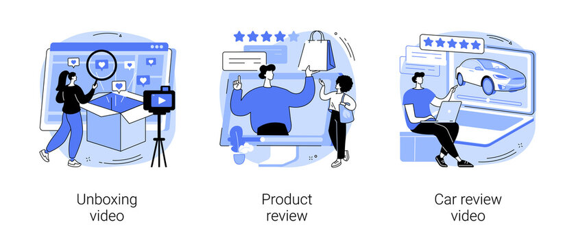 Video Content Abstract Concept Vector Illustration Set. Unboxing Video, Product And Car Review, Blog Monetization, Online Test-drive, Features Overview, Rating Service, Advertising Abstract Metaphor.