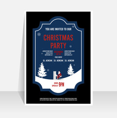 Christmas party invitation poster, flyer template design with christmas tree, snow, snowflake and santa claus. Vector illustration Eps 10.