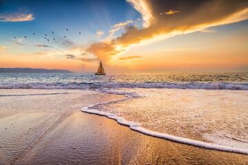 Sunset Inspirational Sailboat Ethereal Nature Beach Sunrise - obrazy, fototapety, plakaty