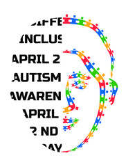 Autism Awareness Day. Half male face made of colorful pieces and half face made of black letters concept vector.