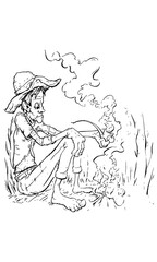 hand-drawn scene of a weary man in a straw hat smoking a pipe over a small camp fire.
