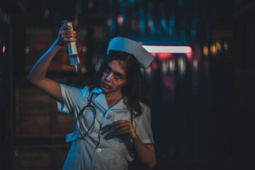 Horror scary evil insane nurse doctor held the knife, Zombie woman gosth with halloween concept