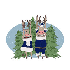 Vector illustration funny christmas deers and trees isolated