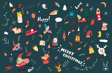 Christmas pattern seamless background with Christmas decorations, cute funny animals.