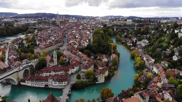 Aerial view over the city of Bern - the capital city of Switzerland - the historic district from above