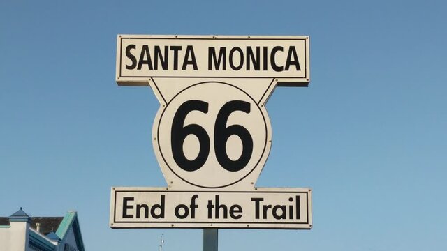 Stanta Monica route 66 sign at Santa Monica Pier in Los Angeles, Static shot