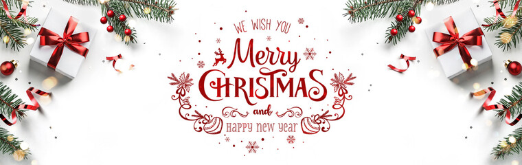 Merry Christmas text on white background with gift boxes, ribbons, red decoration, fir branches,...