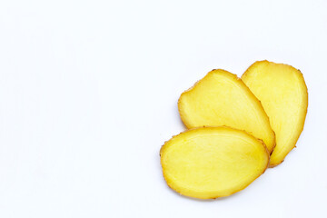 Ginger slices on white background.
