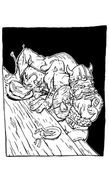 Hand-Drawn image of a Viking man wrestling a young Viking boy while he chews on a large steak at a wooden table. 