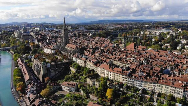 Aerial view over the city of Bern - the capital city of Switzerland - the historic district from above