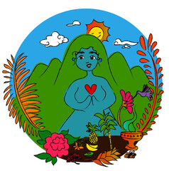 Vector editable paisaje agua sagrada natural montañas sol nubes plantas mujer natural salvaje tropical pachamama, madre tierra , madre naturaleza, madre agua, agua sagrada, energía de vida  © AnaMara