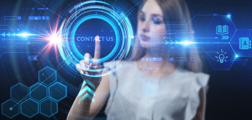 Business, technology, internet and network concept. Young businessman thinks over the steps for successful growth: Contact us