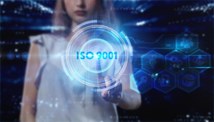 Business, technology, internet and network concept. Young businessman thinks over the steps for successful growth: ISO 9001