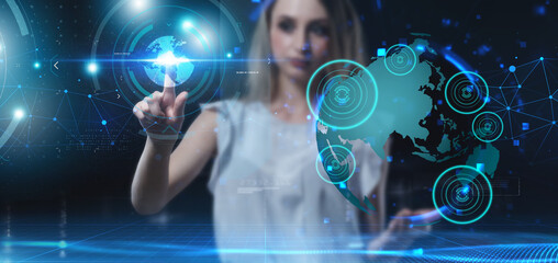 Business, technology, internet and network concept. Young businessman thinks over the steps for successful growth: