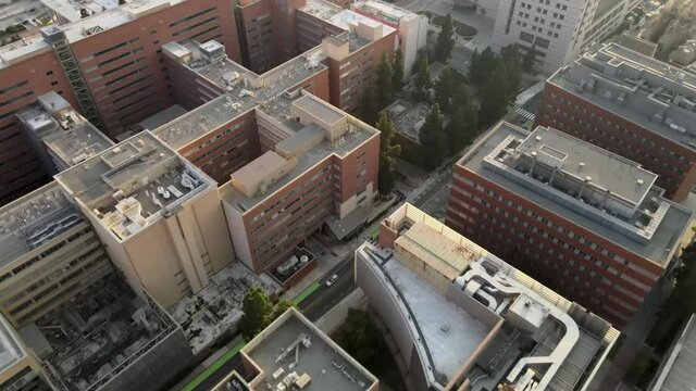 UCLA campus buildings, aerial birdseye view
