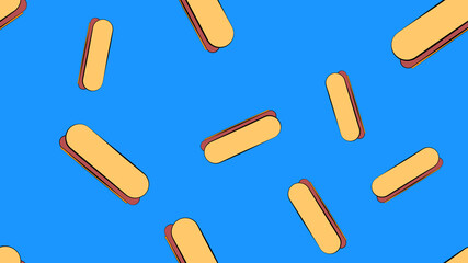 hot dog on a blue background, vector illustration, pattern. sausage sandwich, stuffed, appetizing bun. wallpaper for kitchen, restaurant and cafe. illustration for catering decor