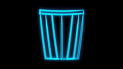 Glowing neon line Popcorn in cardboard box icon isolated on brick wall background. Popcorn bucket box. Vector