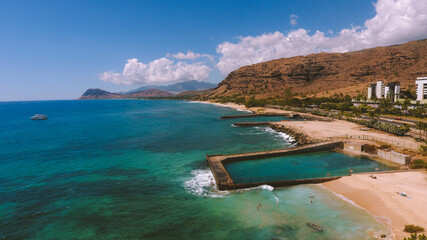 Aerial Hawaiian Electric Beach Park, West Oahu coastline, Hawaii

