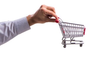 Fototapeta premium Hand holding shopping cart isolated on white
