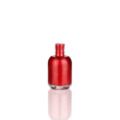 Red nail polish glass bottle & mirror reflection white background isolated close up, opened varnish package & shadow, one lacquer box, shiny enamel, glitter gel, beauty cosmetic accessory, studio shot