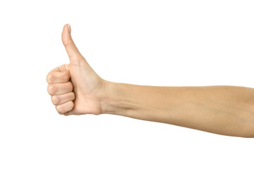 Thumb up. Woman hand gesturing isolated on white