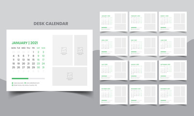 Desk Calendar 2021 Template, Editable 2021 Desk Calendar with green. Modern and Creative New year Calendar